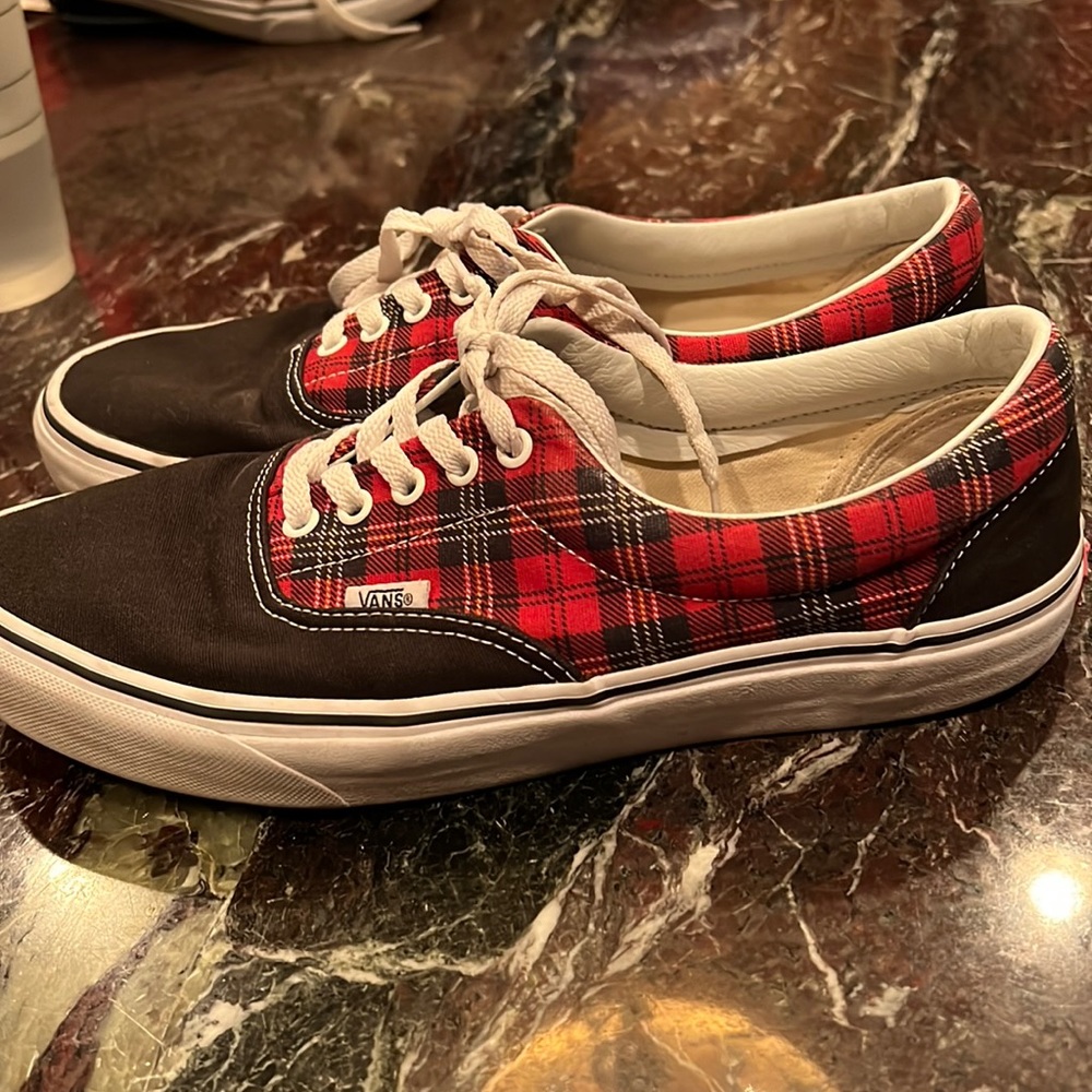 Men’s Red plaid Vans with Black toe and heel
